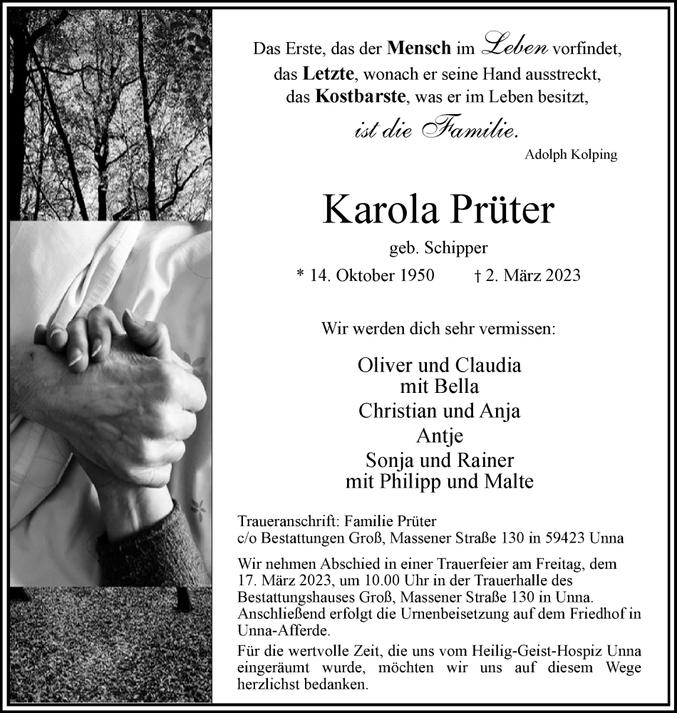  Traueranzeige für Karola Prüter vom 11.03.2023 aus Hellweger Anzeiger