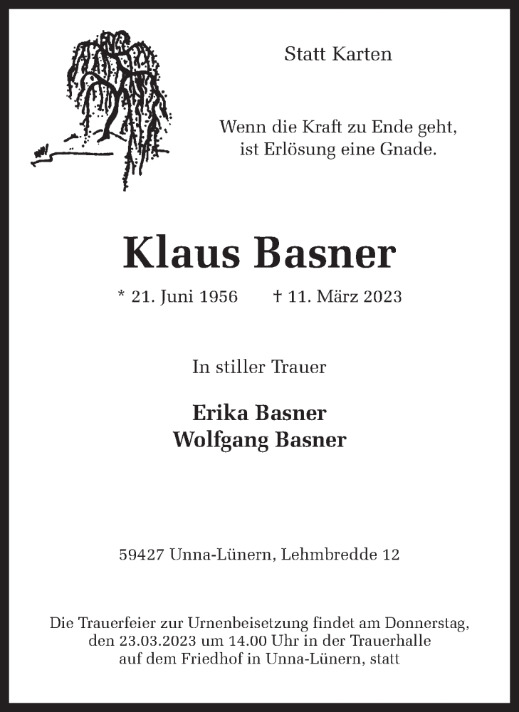  Traueranzeige für Klaus Basner vom 18.03.2023 aus Hellweger Anzeiger
