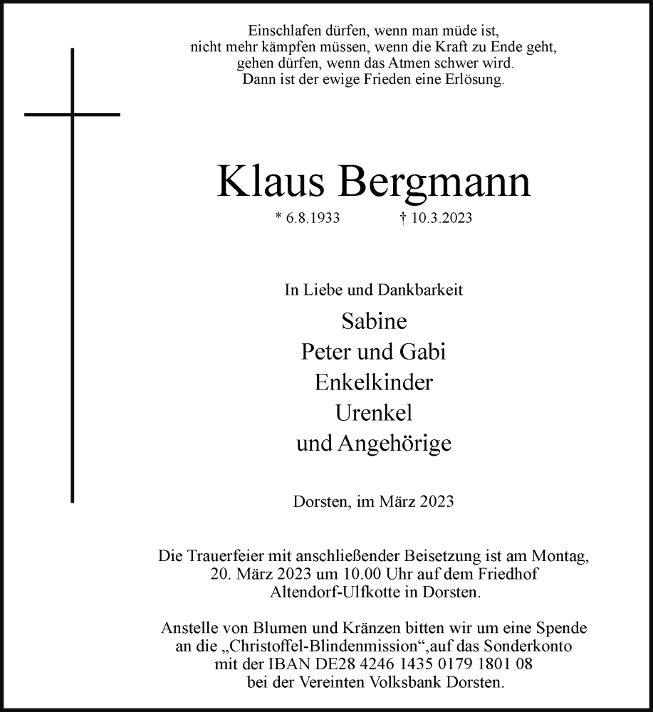  Traueranzeige für Klaus Bergmann vom 16.03.2023 aus Ruhr Nachrichten und Dorstener Zeitung