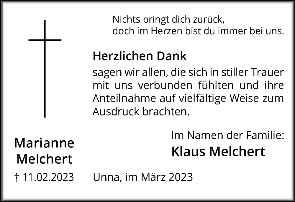 Traueranzeige für Klaus Melchert vom 18.03.2023 aus Hellweger Anzeiger
