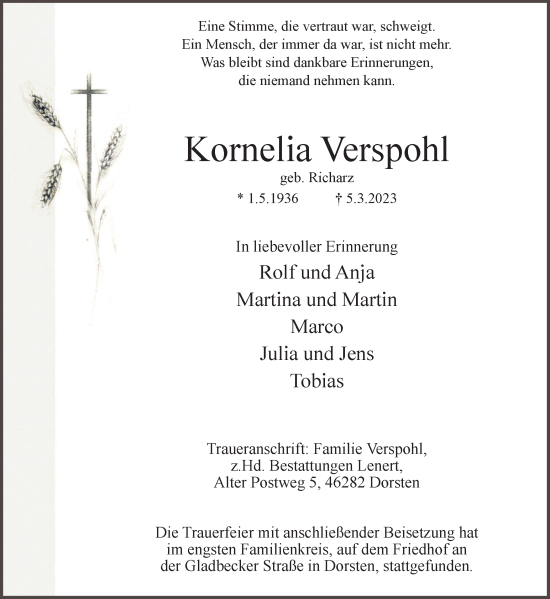 Traueranzeige von Kornelia Verspohl von Ruhr Nachrichten und Dorstener Zeitung