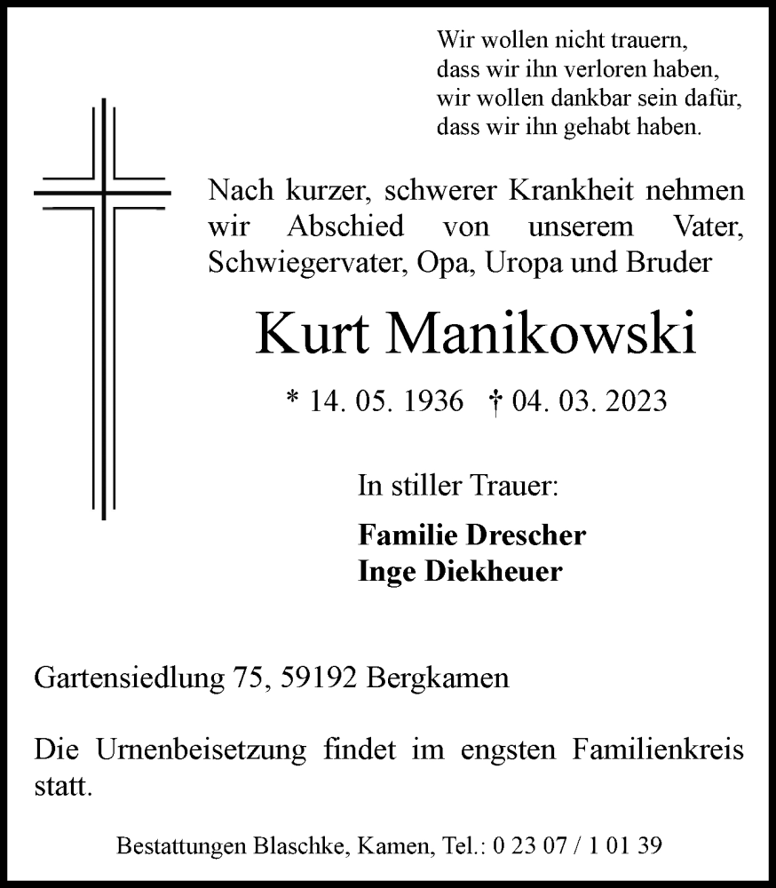  Traueranzeige für Kurt Manikowski vom 11.03.2023 aus Hellweger Anzeiger