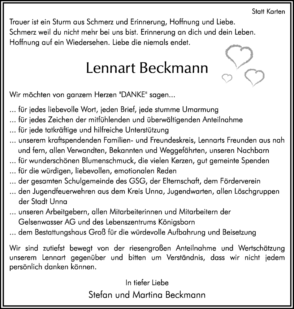  Traueranzeige für Lennart Beckmann vom 18.03.2023 aus Hellweger Anzeiger