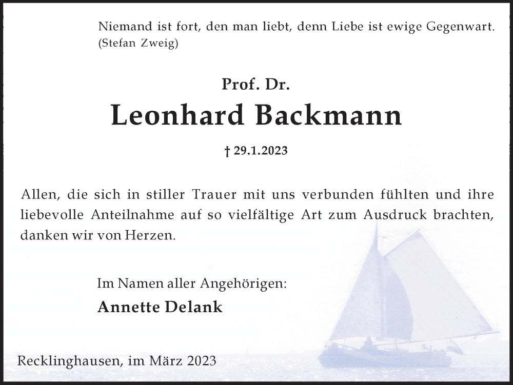  Traueranzeige für Leonhard Backmann vom 27.03.2023 aus Ruhr Nachrichten und Halterner Zeitung