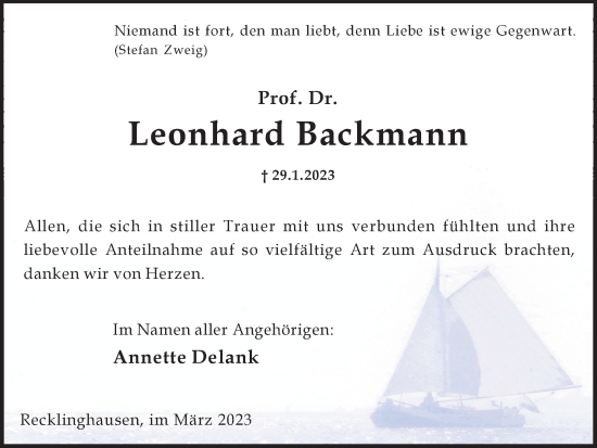 Traueranzeige von Leonhard Backmann von Ruhr Nachrichten und Halterner Zeitung