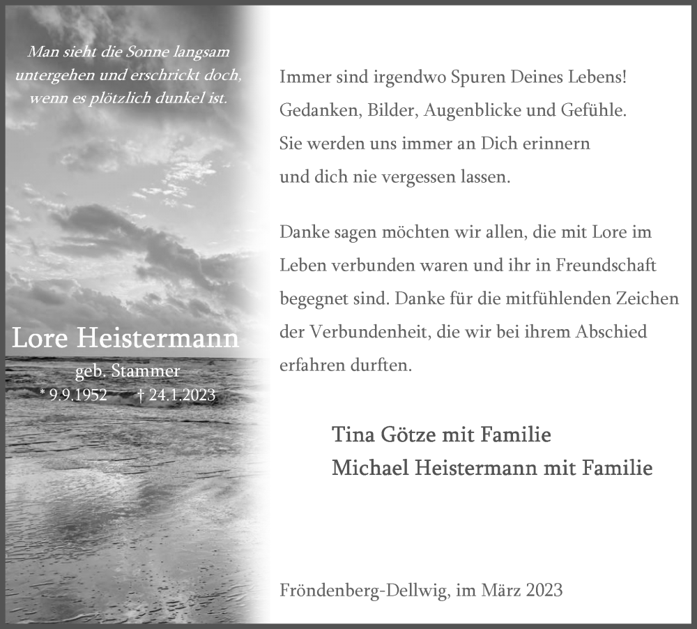  Traueranzeige für Lore Heistermann vom 18.03.2023 aus Hellweger Anzeiger