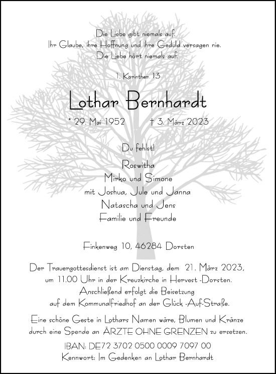 Traueranzeige von Lothar Bernhardt von Ruhr Nachrichten und Dorstener Zeitung