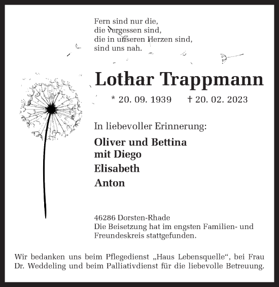 Traueranzeige von Lothar Trappmann von Ruhr Nachrichten und Dorstener Zeitung