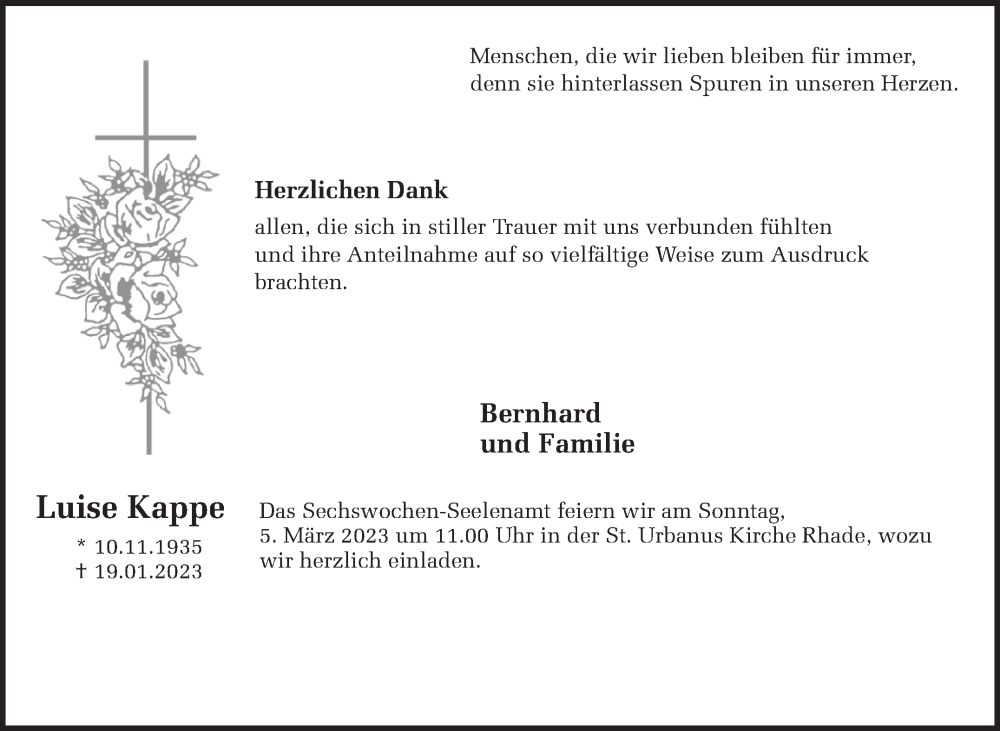  Traueranzeige für Luise Kappe vom 01.03.2023 aus Ruhr Nachrichten und Dorstener Zeitung