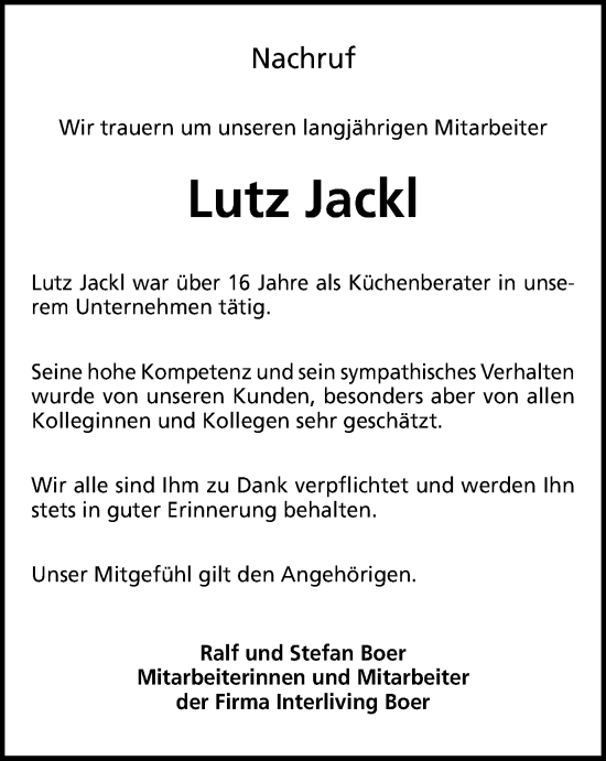 Traueranzeige von Lutz Jackl von Münstersche Zeitung und Münsterland Zeitung