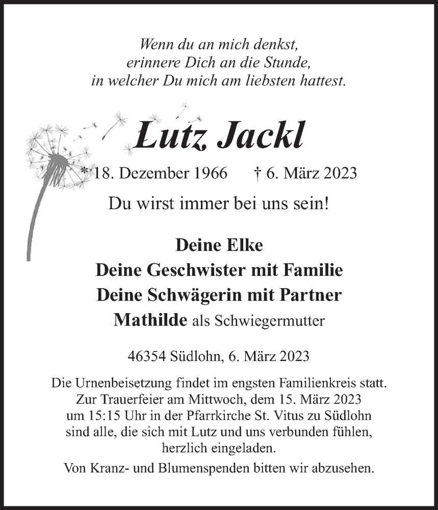  Traueranzeige für Lutz Jackl vom 11.03.2023 aus Münstersche Zeitung und Münsterland Zeitung