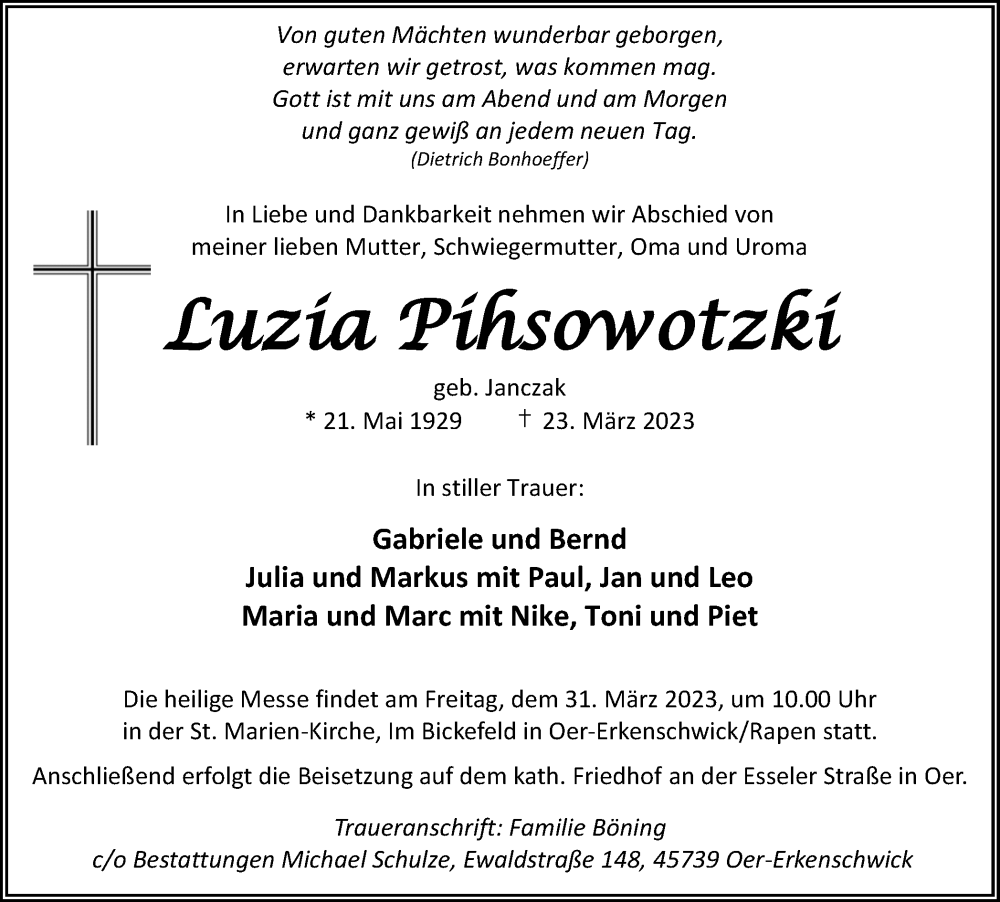  Traueranzeige für Luzia Pihsowotzki vom 29.03.2023 aus Medienhaus Bauer