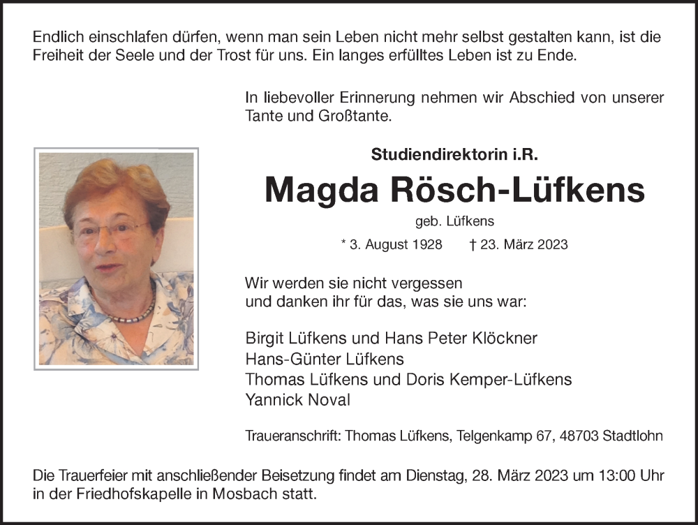  Traueranzeige für Magda Rösch-Lüfkens vom 25.03.2023 aus Münstersche Zeitung und Münsterland Zeitung