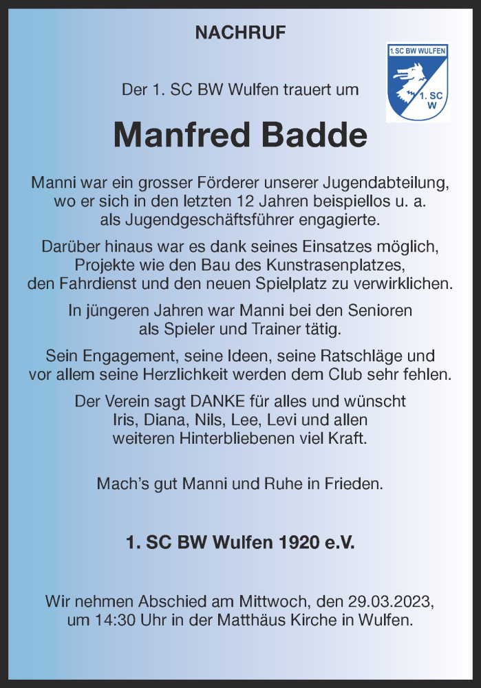  Traueranzeige für Manfred Badde vom 25.03.2023 aus Ruhr Nachrichten und Dorstener Zeitung