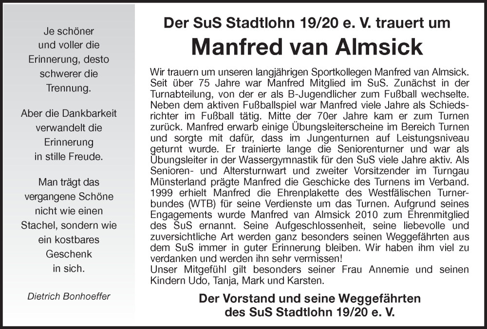  Traueranzeige für Manfred van Almsick vom 24.03.2023 aus Münstersche Zeitung und Münsterland Zeitung