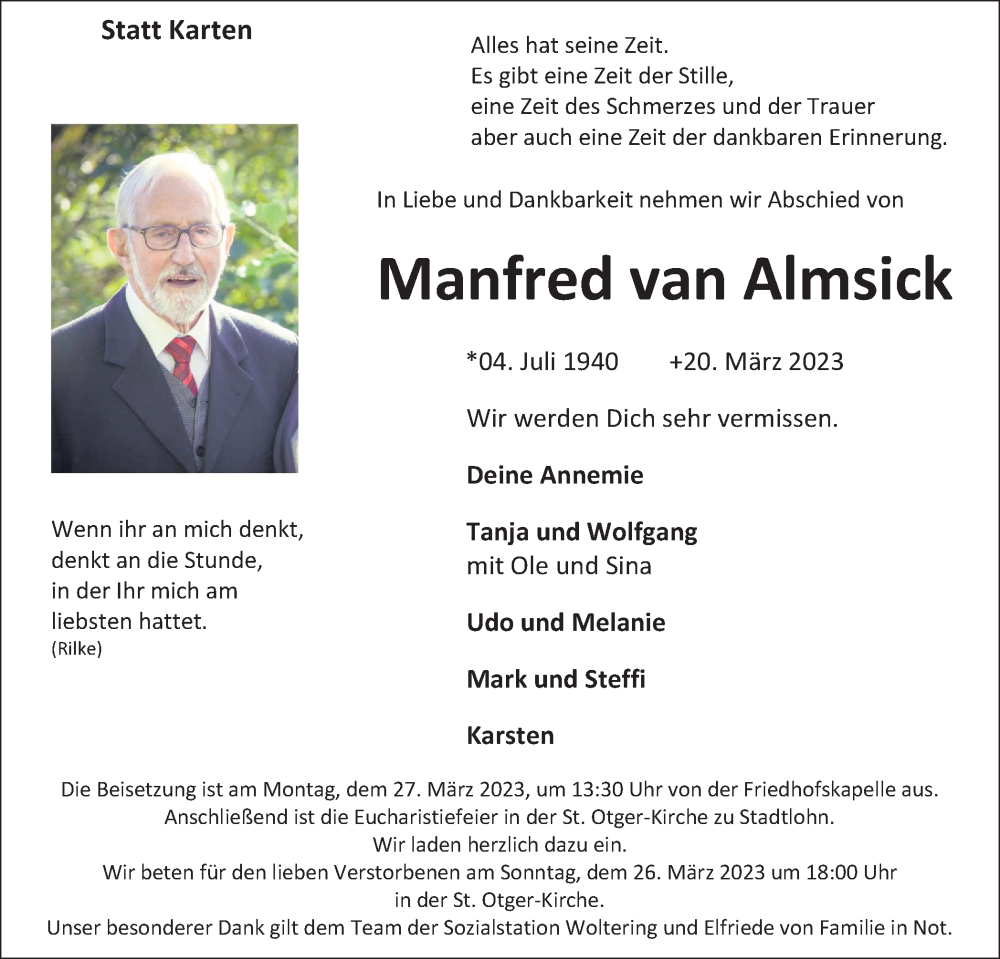  Traueranzeige für Manfred van Almsick vom 23.03.2023 aus Münstersche Zeitung und Münsterland Zeitung