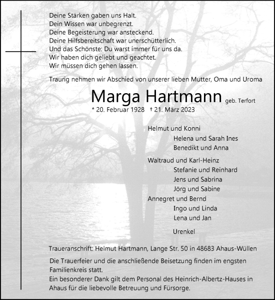 Traueranzeige von Marga Hartmann
