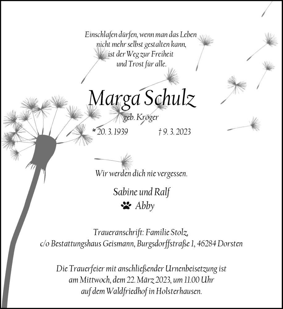  Traueranzeige für Marga Schulz vom 18.03.2023 aus Ruhr Nachrichten und Dorstener Zeitung