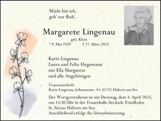 Traueranzeige von Margarete Lingenau