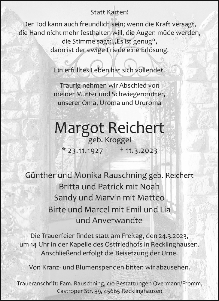  Traueranzeige für Margot Reichert vom 18.03.2023 aus Medienhaus Bauer