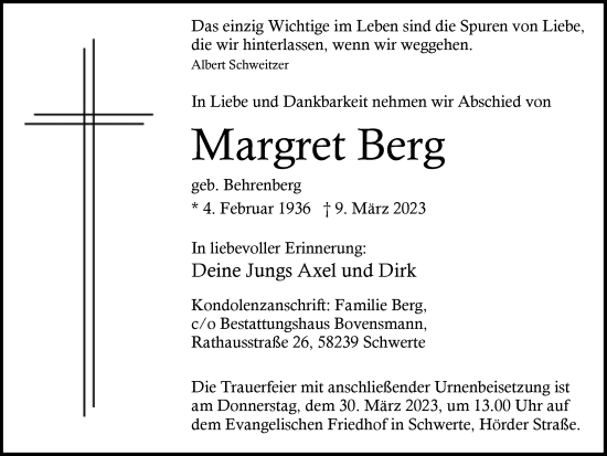 Traueranzeige von Margret Berg von Ruhr Nachrichten