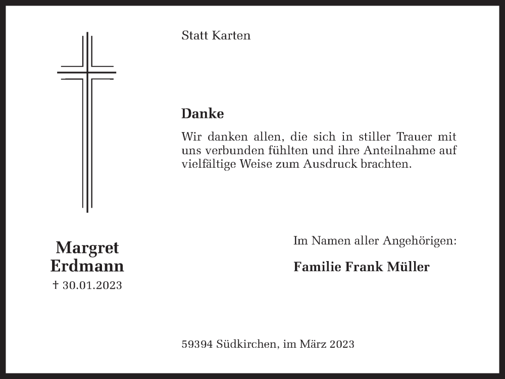  Traueranzeige für Margret Erdmann vom 25.03.2023 aus Ruhr Nachrichten