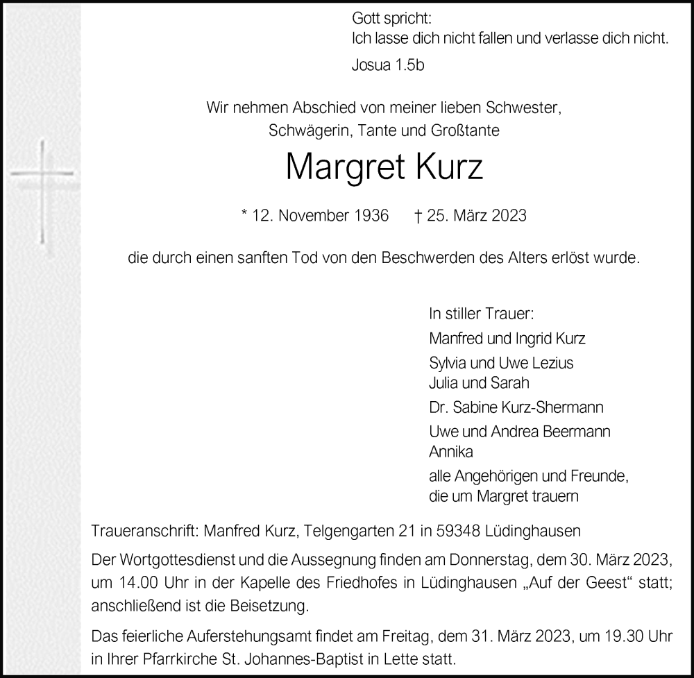  Traueranzeige für Margret Kurz vom 29.03.2023 aus Medienhaus Bauer