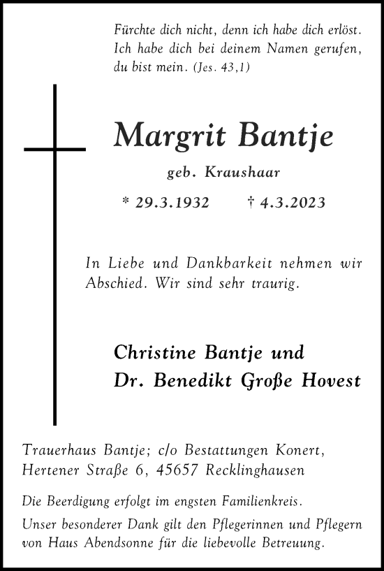 Traueranzeige von Margrit Bantje von Medienhaus Bauer