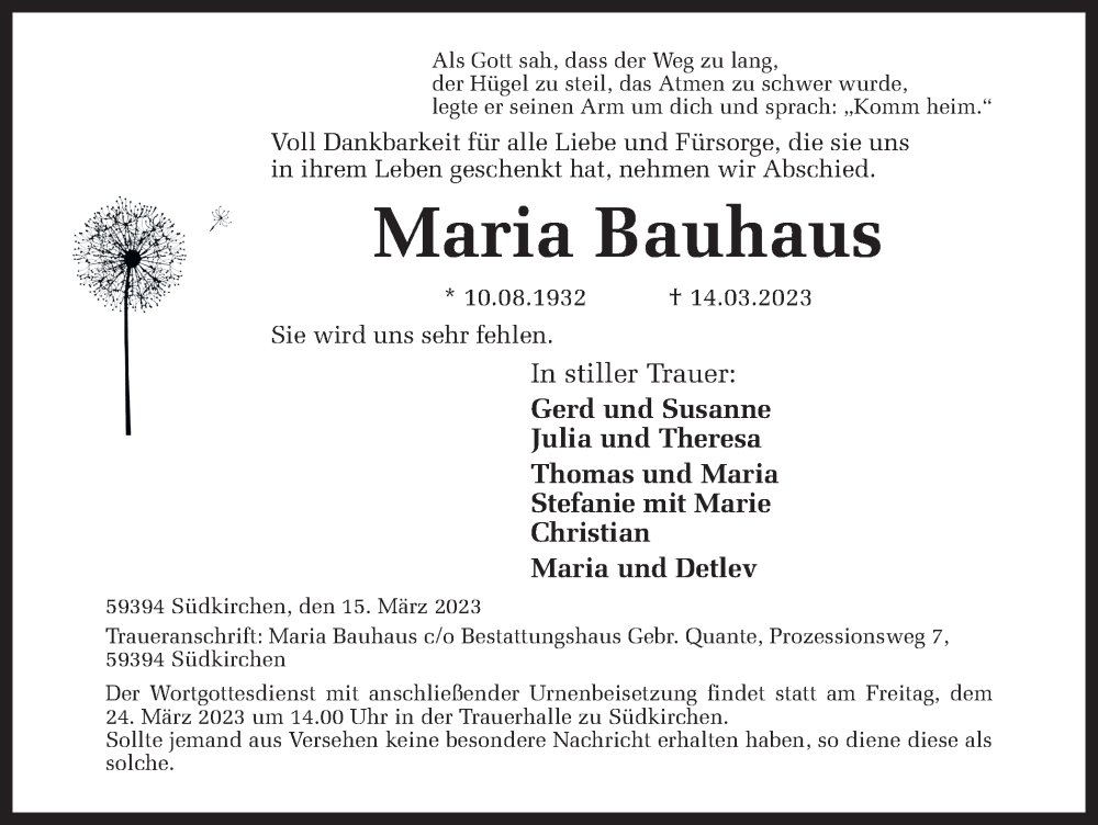  Traueranzeige für Maria Bauhaus vom 18.03.2023 aus Ruhr Nachrichten