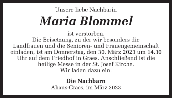 Traueranzeige von Maria Blommel von Münstersche Zeitung und Münsterland Zeitung