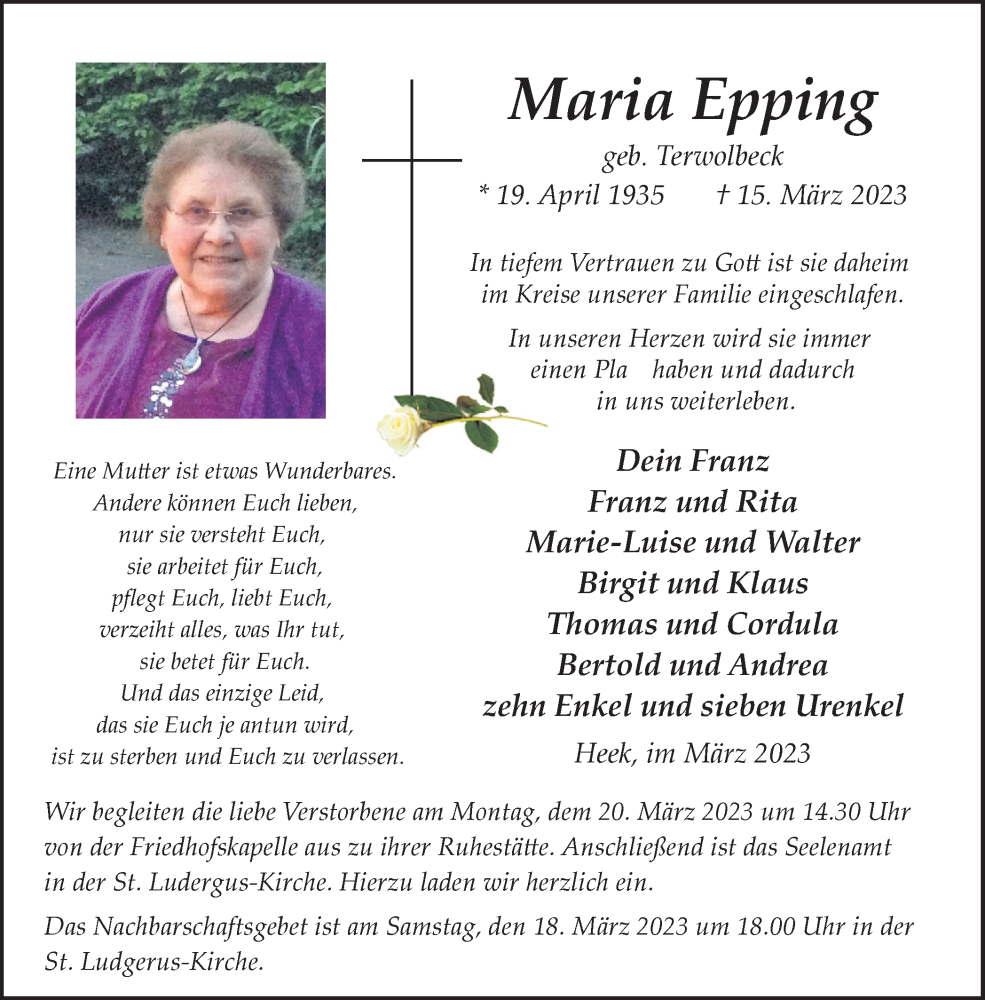  Traueranzeige für Maria Epping vom 17.03.2023 aus Hellweger Anzeiger