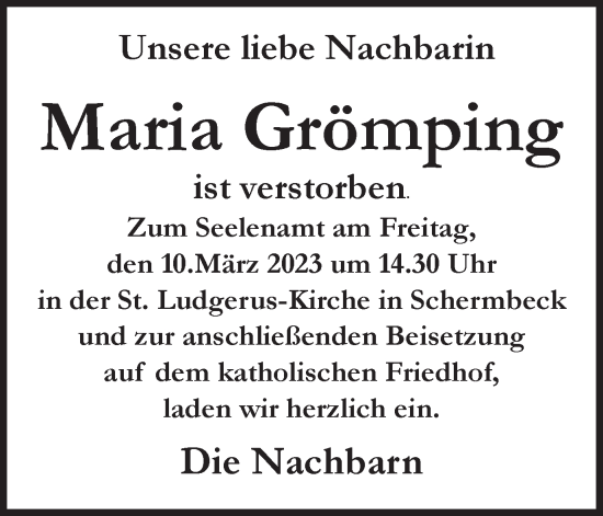 Traueranzeige von Maria Grömping von Ruhr Nachrichten und Dorstener Zeitung