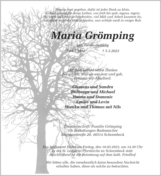 Traueranzeige von Maria Grömping von Ruhr Nachrichten und Dorstener Zeitung
