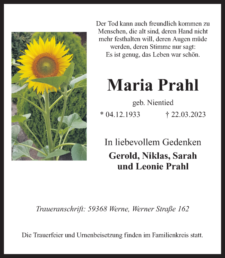 Traueranzeige für Maria Prahl vom 25.03.2023 aus Ruhr Nachrichten