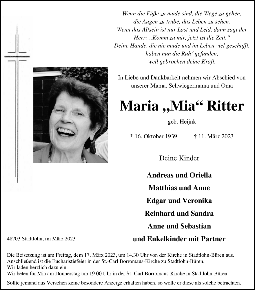  Traueranzeige für Maria Ritter vom 14.03.2023 aus Münstersche Zeitung und Münsterland Zeitung