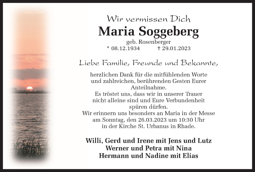  Traueranzeige für Maria Soggeberg vom 22.03.2023 aus Ruhr Nachrichten und Dorstener Zeitung