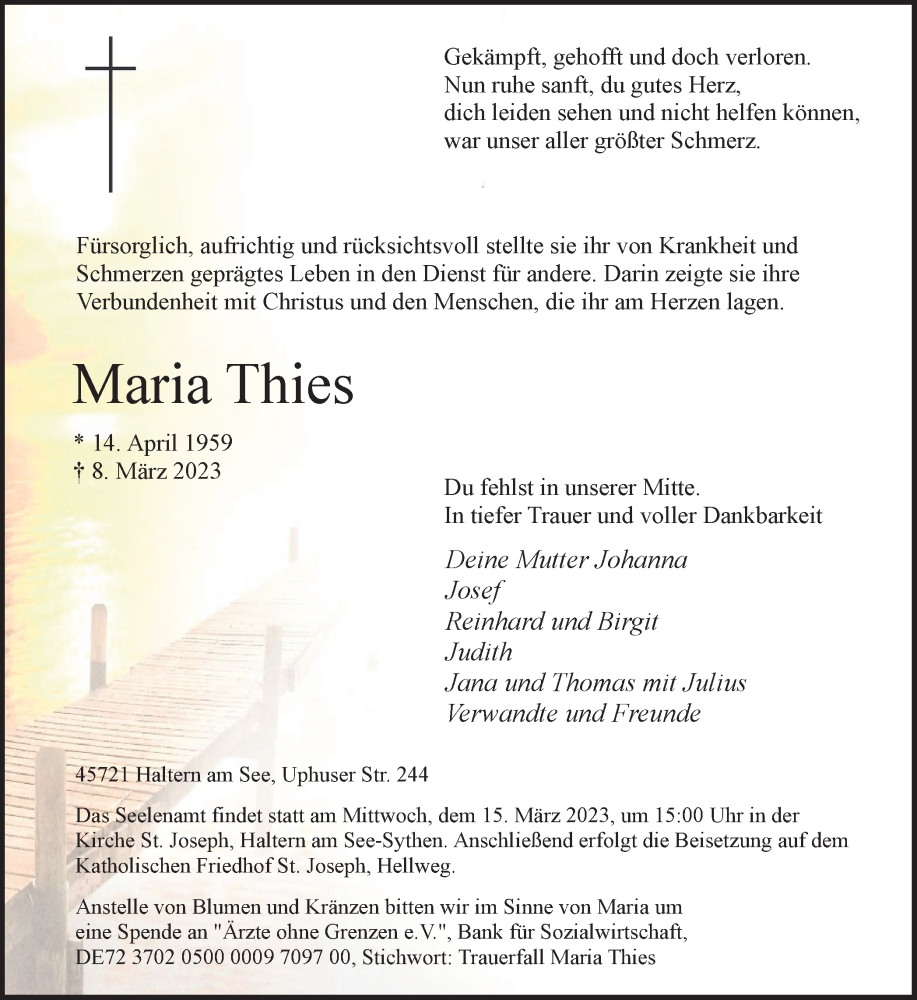  Traueranzeige für Maria Thies vom 11.03.2023 aus Ruhr Nachrichten und Halterner Zeitung