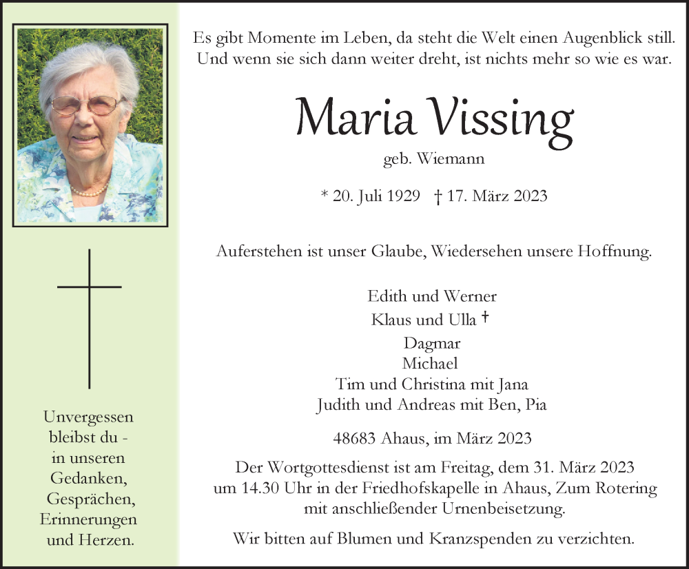  Traueranzeige für Maria Vissing vom 22.03.2023 aus Münstersche Zeitung und Münsterland Zeitung