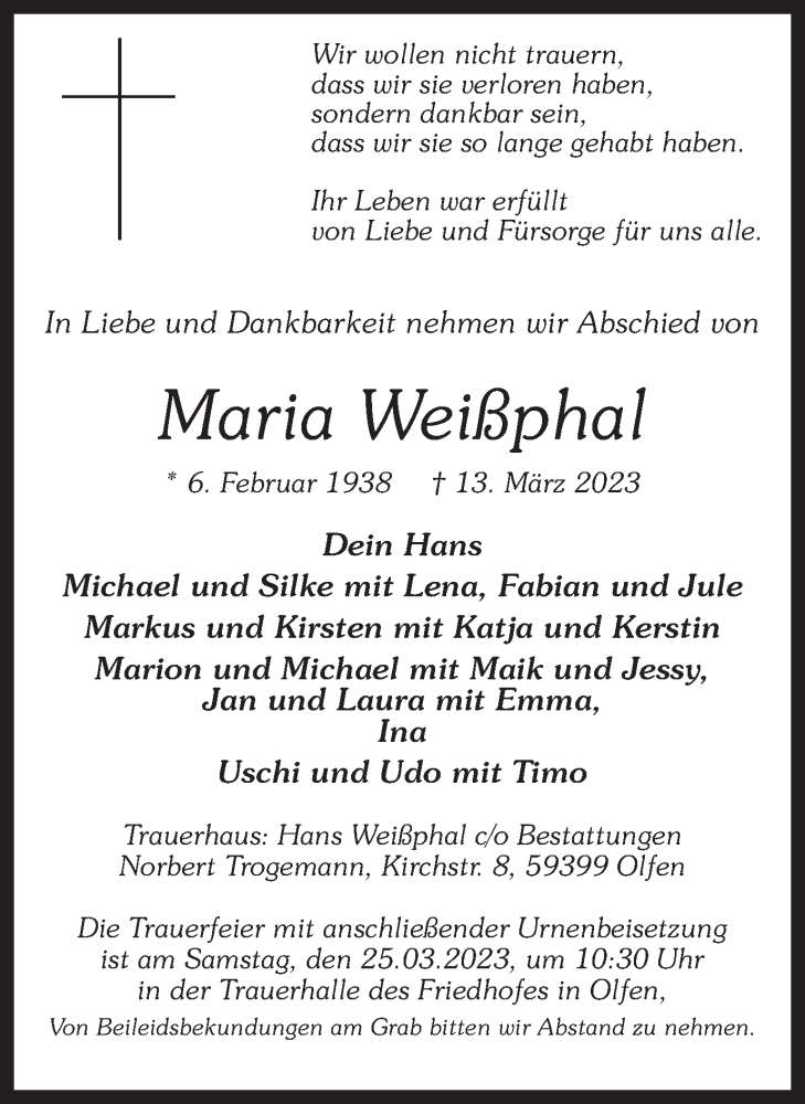  Traueranzeige für Maria Weißphal vom 18.03.2023 aus Ruhr Nachrichten