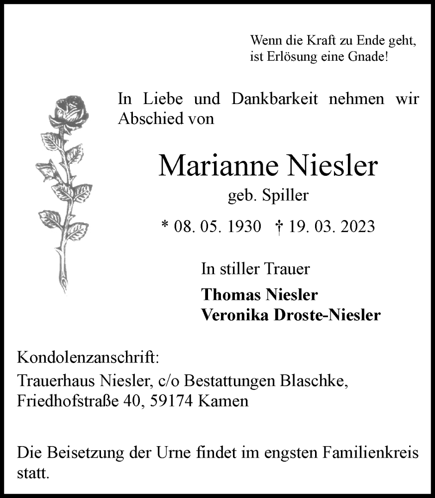  Traueranzeige für Marianne Niesler vom 25.03.2023 aus Hellweger Anzeiger