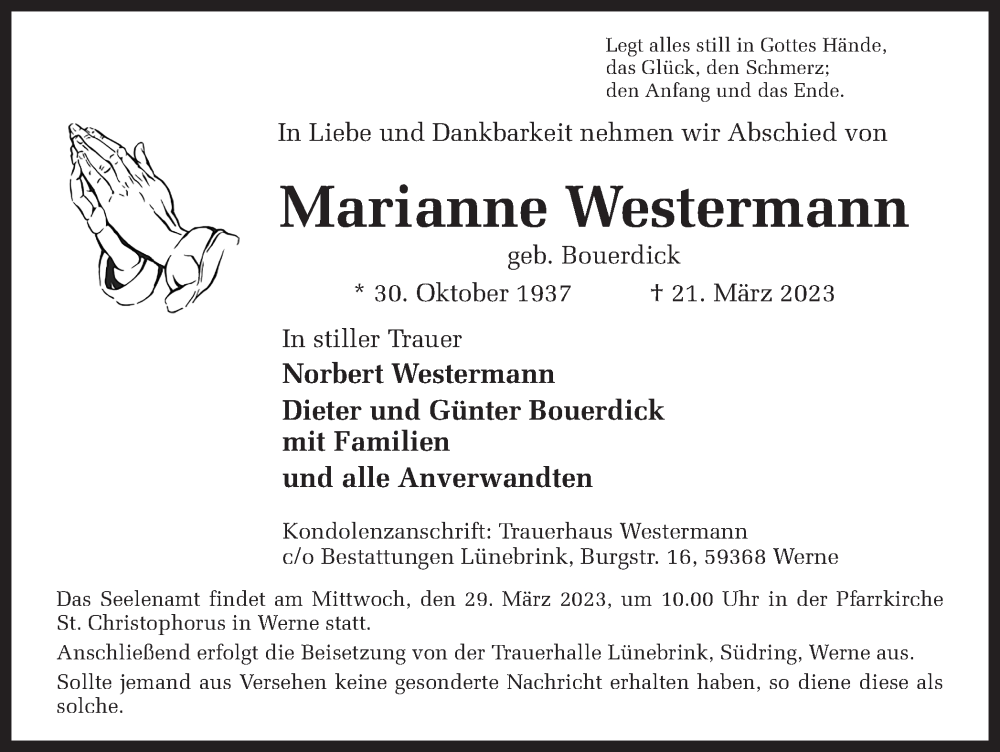  Traueranzeige für Marianne Westermann vom 24.03.2023 aus Ruhr Nachrichten