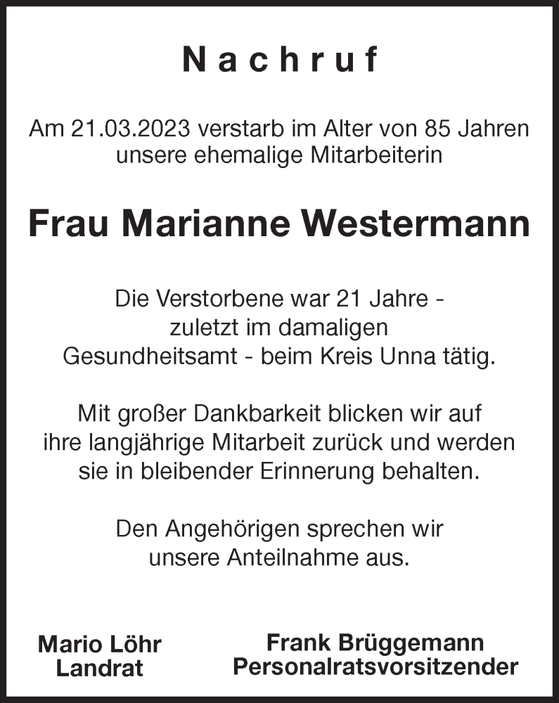  Traueranzeige für Marianne Westermann vom 31.03.2023 aus Hellweger Anzeiger