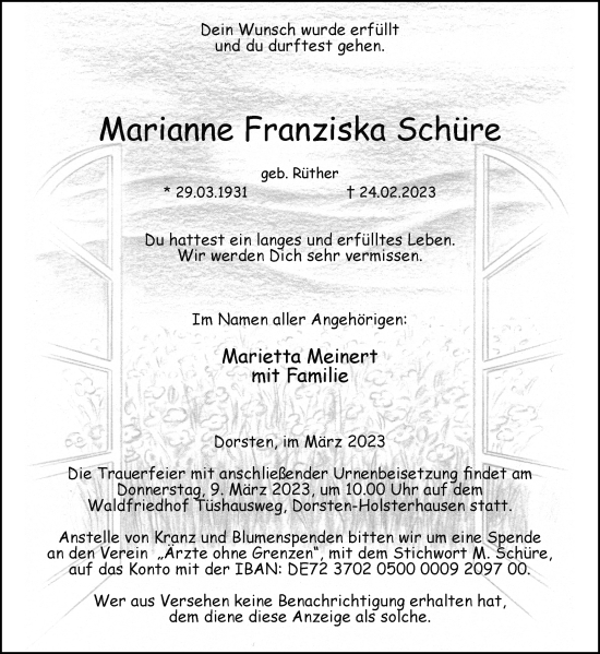Traueranzeige von Marianne Franziska Schüre von Ruhr Nachrichten und Dorstener Zeitung