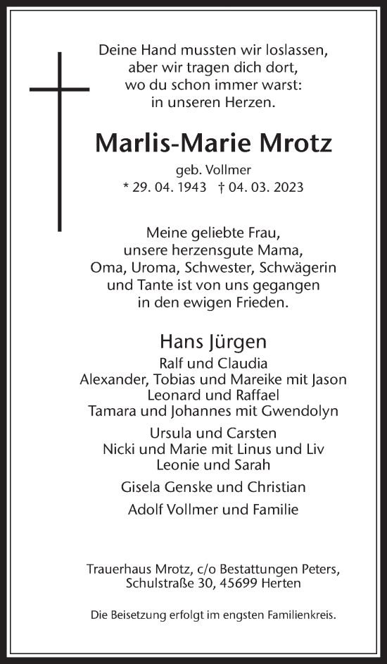 Traueranzeige von Marlis-Marie Mrotz von Medienhaus Bauer