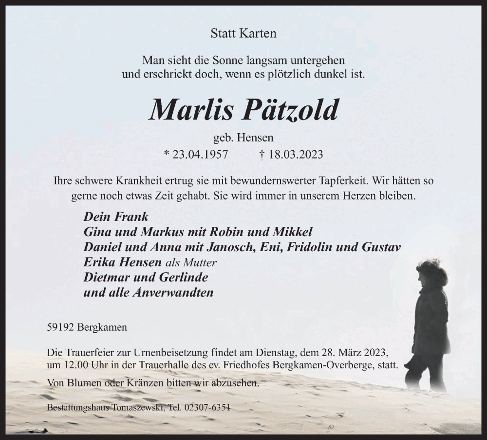  Traueranzeige für Marlis Pätzold vom 25.03.2023 aus Hellweger Anzeiger
