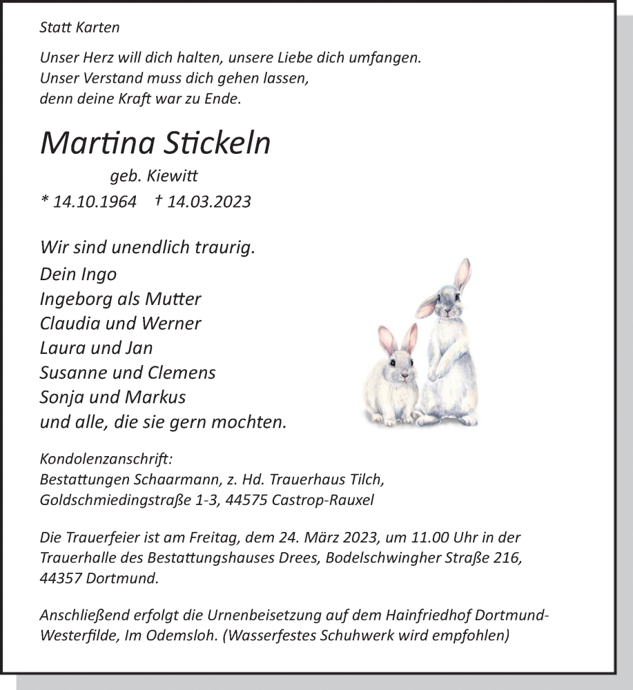  Traueranzeige für Martina Stickeln vom 18.03.2023 aus Ruhr Nachrichten
