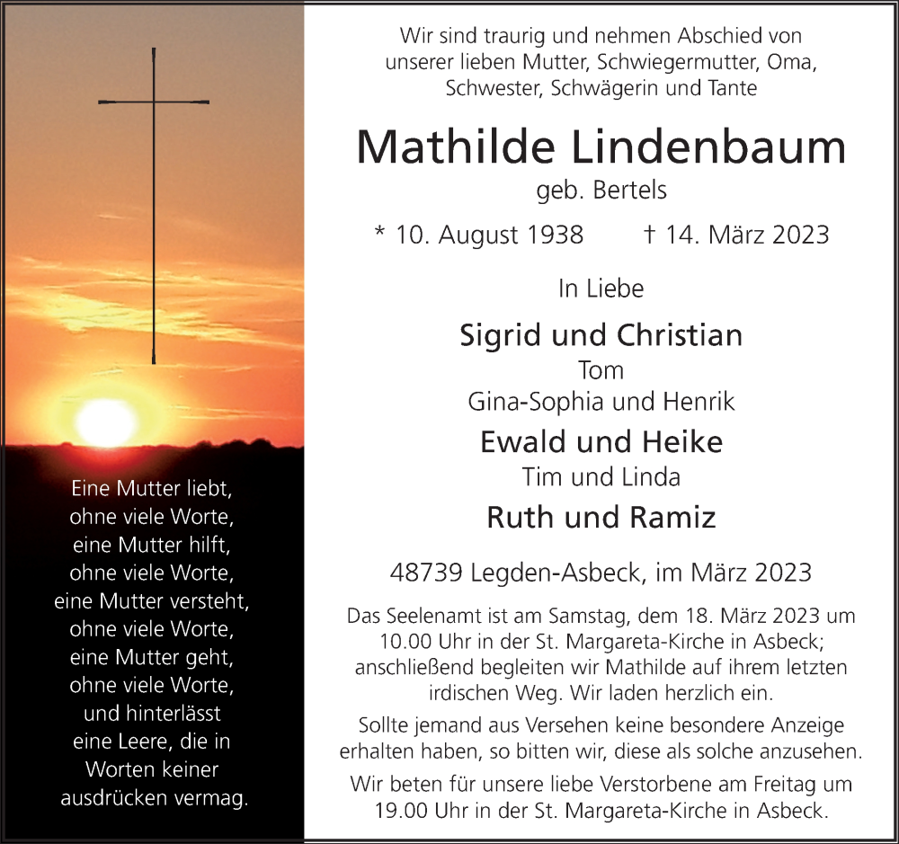  Traueranzeige für Mathilde Lindenbaum vom 16.03.2023 aus Münstersche Zeitung und Münsterland Zeitung