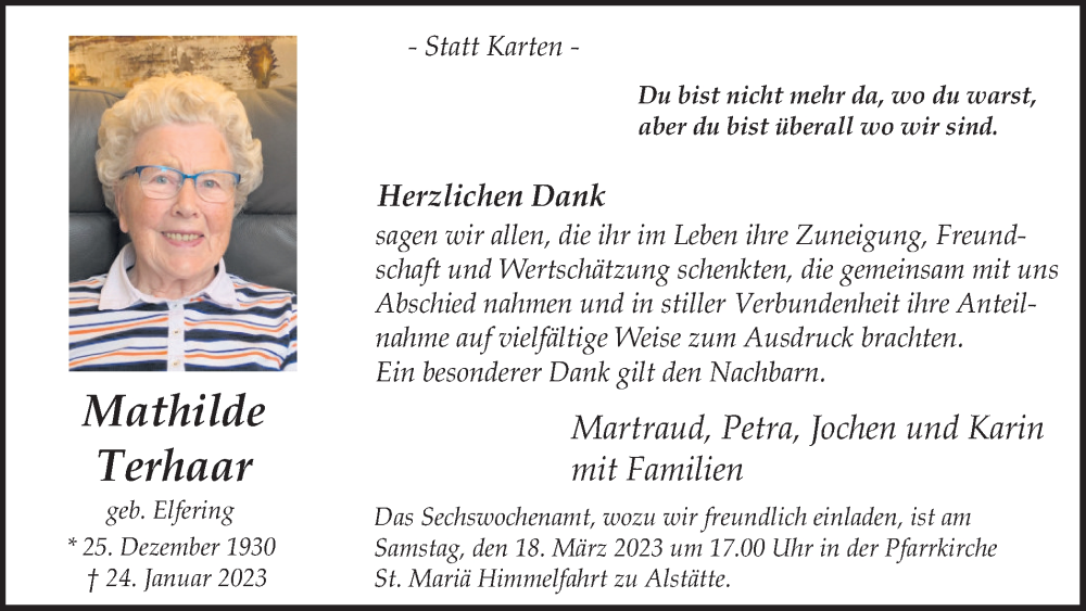  Traueranzeige für Mathilde Terhaar vom 14.03.2023 aus Münstersche Zeitung und Münsterland Zeitung