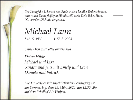 Traueranzeige von Michael Lann von Ruhr Nachrichten und Dorstener Zeitung
