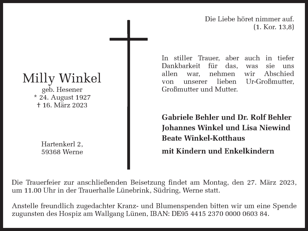  Traueranzeige für Milly Winkel vom 21.03.2023 aus Ruhr Nachrichten
